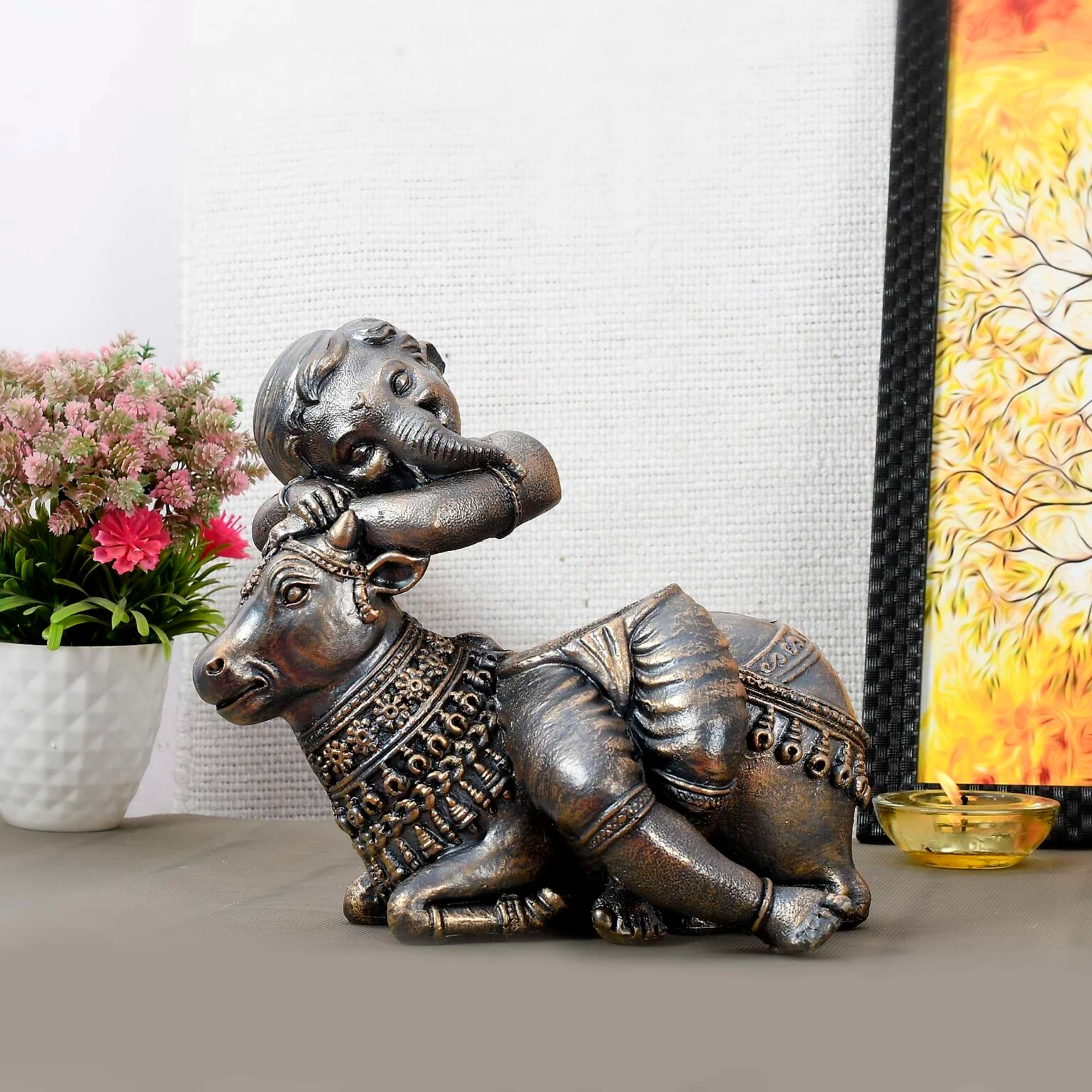 Handcrafted Brass Cow with Ganesh statue for Home Office Hotel 17x21in BZ-GC1