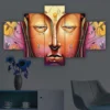 Decor Home Craft A vibrant Buddha set of 5 framed 24x50" wall paintings featuring a stylized face with split imagery, adorned with moon phases and floral motifs, placed above a modern office area setup.