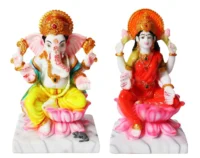 Decor Home Craft Statues of Hindu deities: Decor Home Marble Laxmi Ganesha idol sitting on a pink lotus with a mouse at his feet, and Saraswati sitting on a similar lotus, playing a veena, both on white marble pedestals, perfect for an office setting.