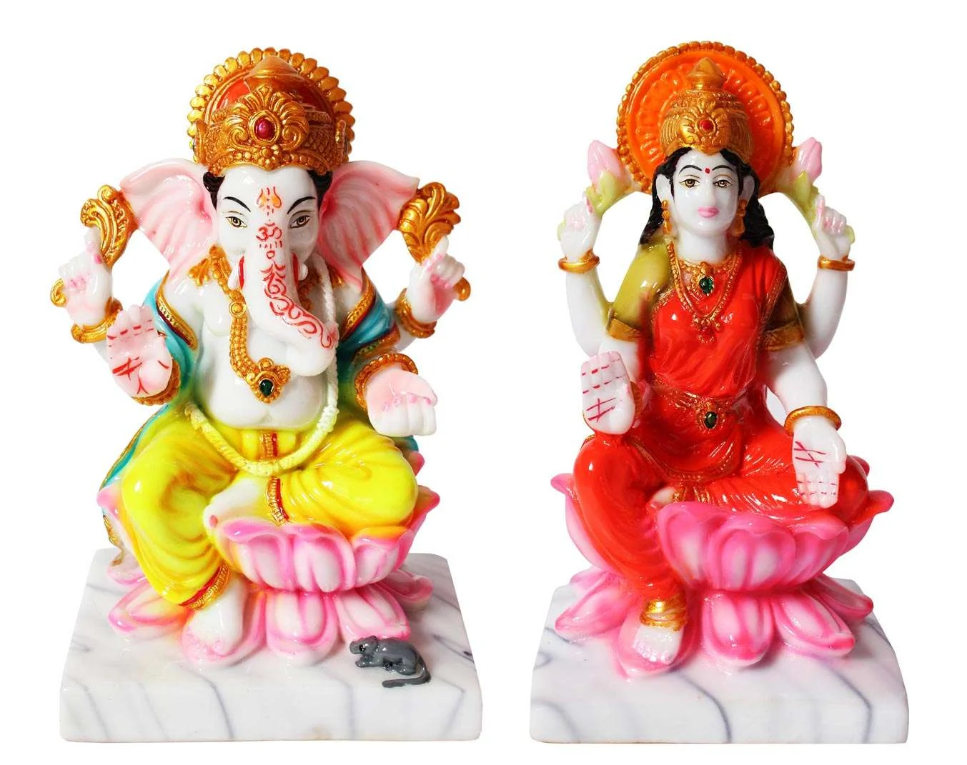 Decor Home Craft Statues of Hindu deities: Decor Home Marble Laxmi Ganesha idol sitting on a pink lotus with a mouse at his feet, and Saraswati sitting on a similar lotus, playing a veena, both on white marble pedestals, perfect for an office setting.