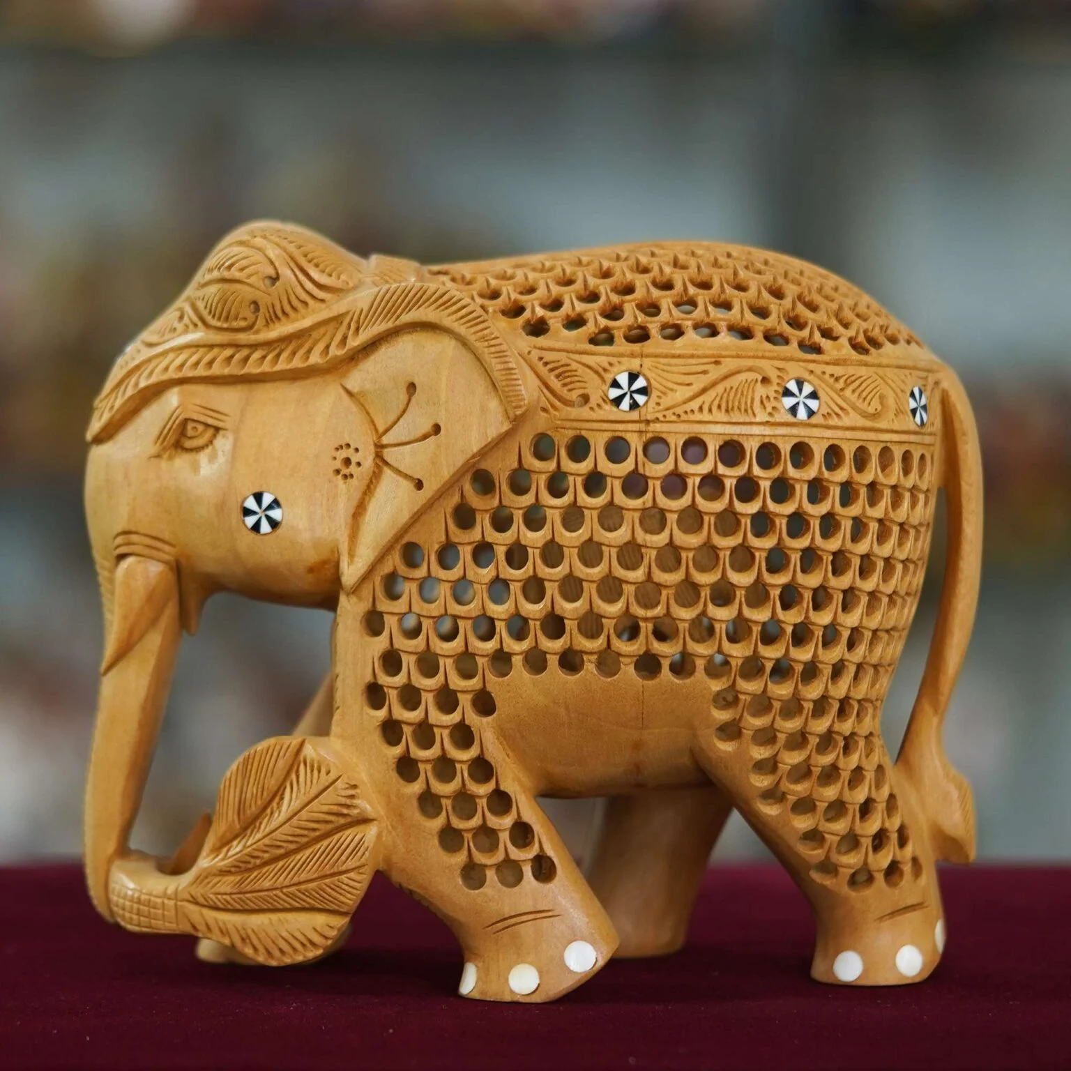 Wood Carving Undercut Jali Work Elephant Statue Decorative Showpiece W-ELE1