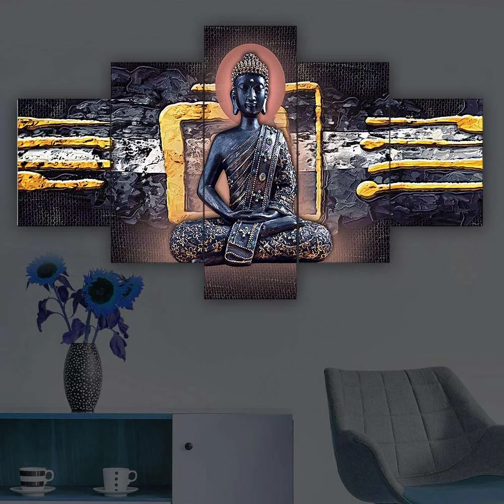 Decor Home Craft Modern artistic wall decor featuring the Buddha set of 5 framed 24x50" wall paintings to Decor Home Hotel Office B10, layered over textured panels in gold and dark tones. A vase with blue flowers and a gray chair are below, adding to the serene office aesthetic.