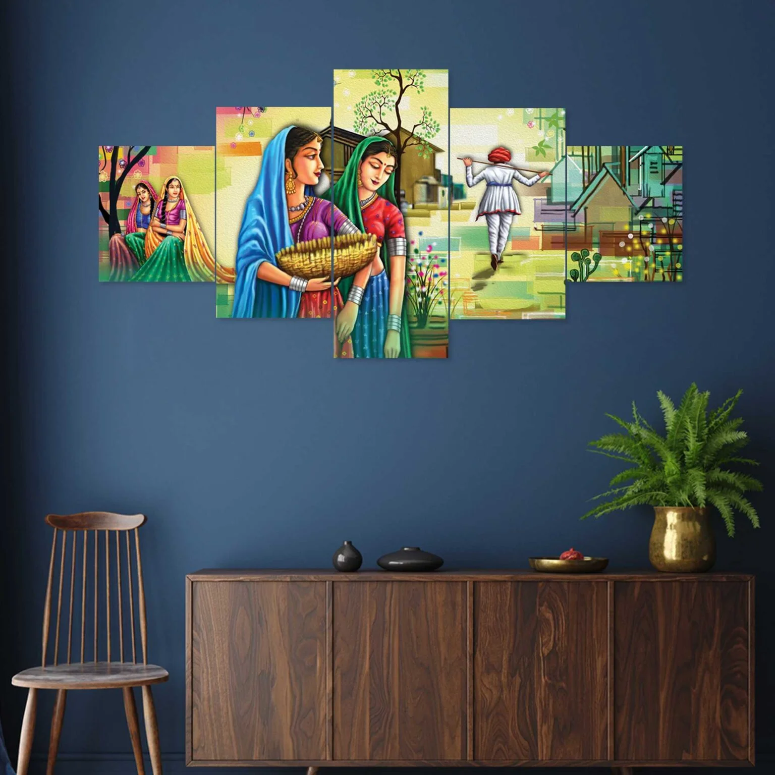 Rajasthani Wall Paintings set of 5 framed 24×50″ for Home Hotel Office RK59