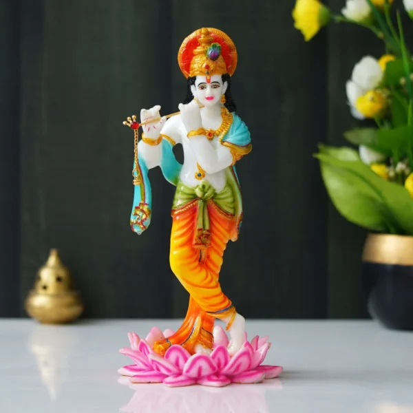 Decor Home Marble Krishna Playing Flute Statue | multicolor | 11.25in -MK-1