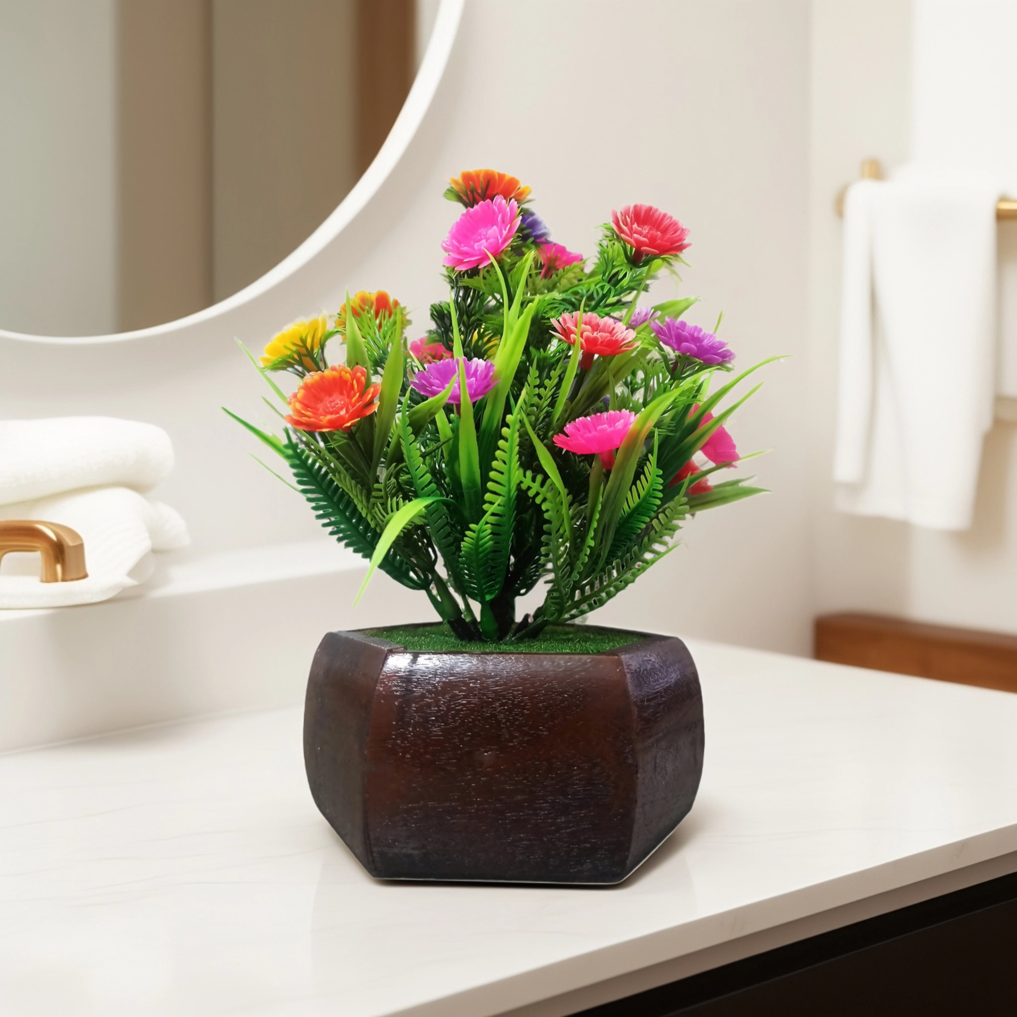 Artificial Flower Plant with Multicolor Blooms in Wooden Pot – Vivid Faux Greenery for Home, Office, Living Room, or Gift Décor (7×4.5×8 Inches | Multicolor) Artificial Flower Plant with Multicolor Blooms in Wooden Pot – Vivid Faux Greenery for Home, Office, Living Room, or Gift Décor (7×4.5×8 Inches | Multicolor)