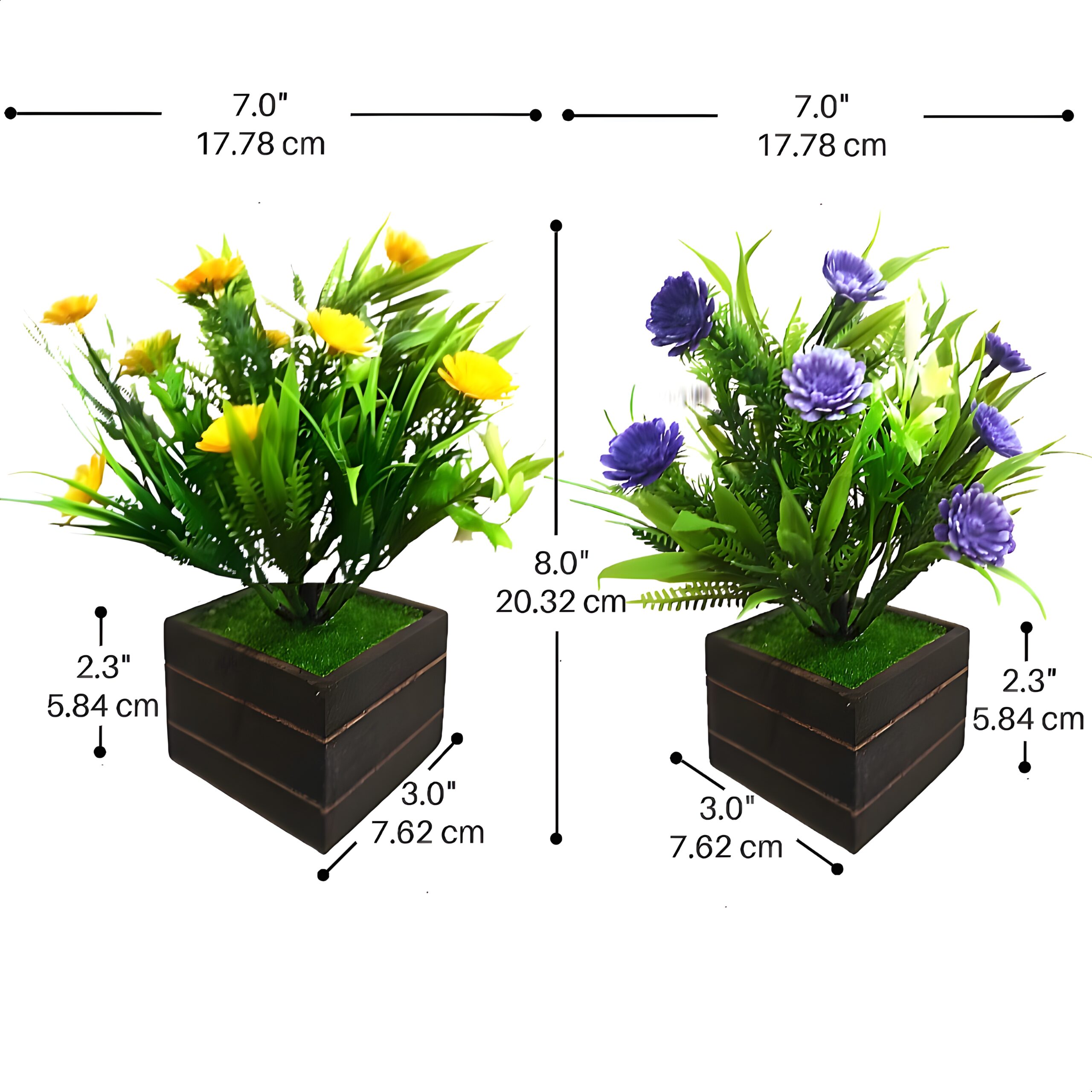 Artificial Flower Plant with Blooms in Wooden Pot – Vivid Faux Greenery for Home, Office, Living Room, or Gift Décor (8 in, 20.32 cm | Yellow | Purple Color) Premium Artificial plant with wooden pot