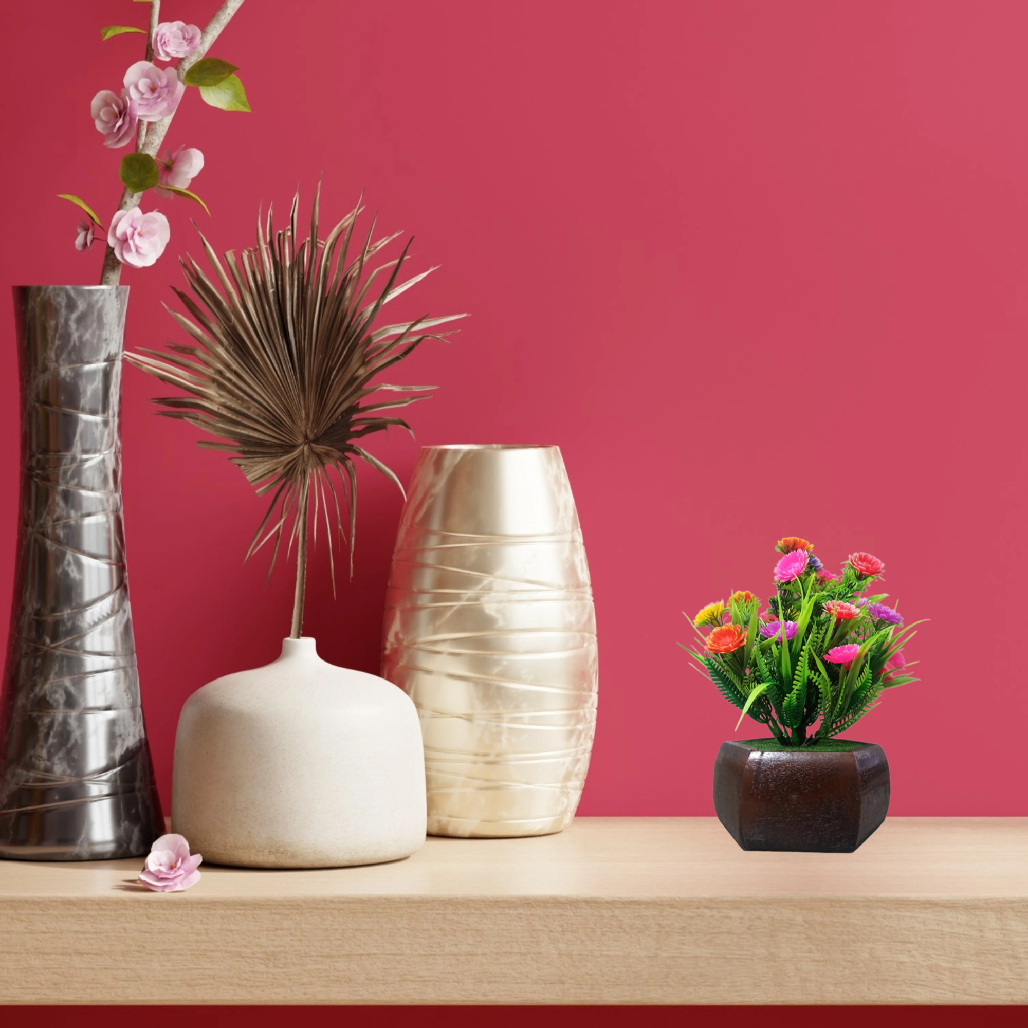 Artificial Flower Plant with Multicolor Blooms in Wooden Pot – Vivid Faux Greenery for Home, Office, Living Room, or Gift Décor (7×4.5×8 Inches | Multicolor) Artificial-flowers-with-wooden-pot-multicolor