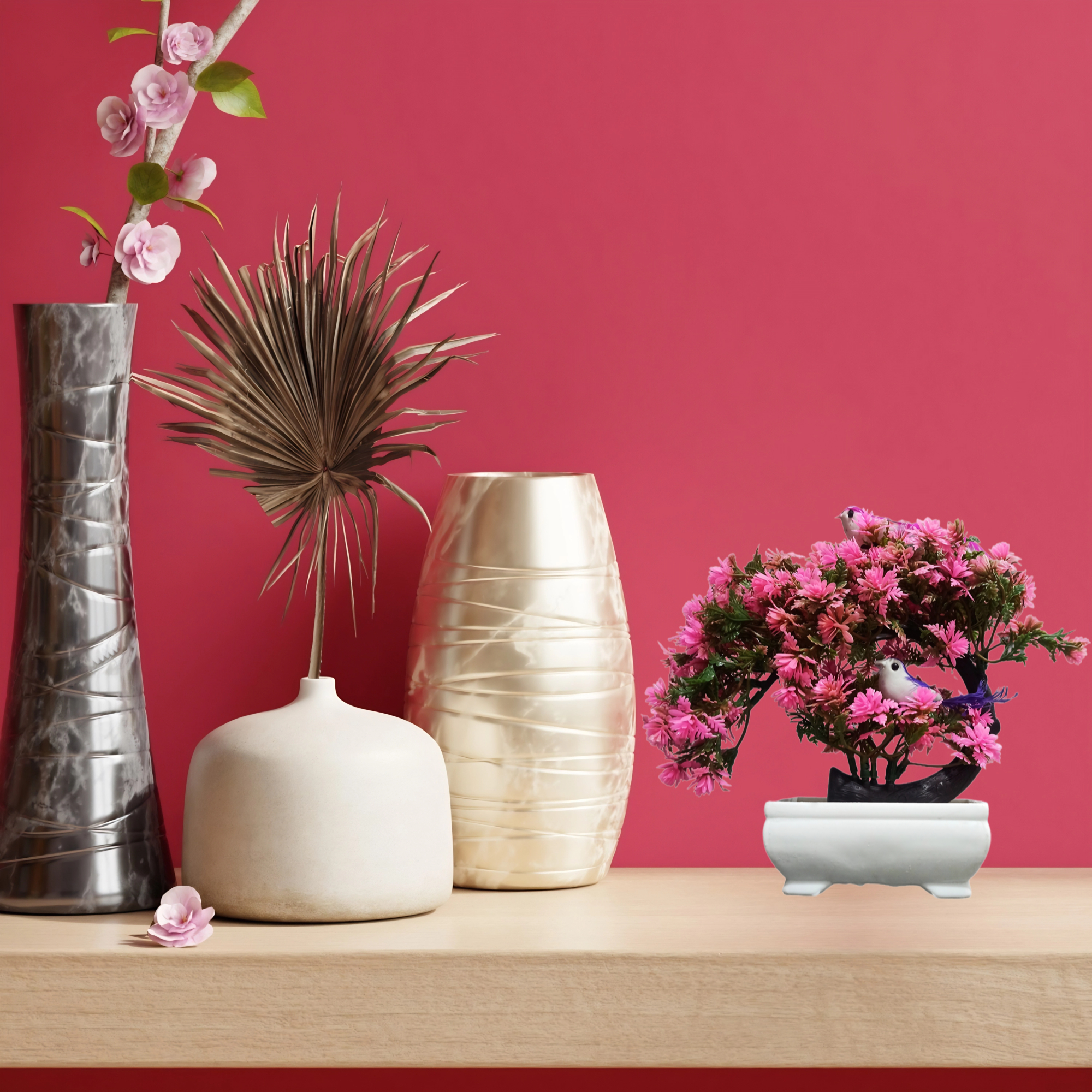 Decor Home Craft 1 Pc C-Type Designer Garden Artificial Bonsai Tree with Pot for Room , Living Room , Office, Table Decoration (8 inch | Pink) artificial bonsai plant C-Type Pink